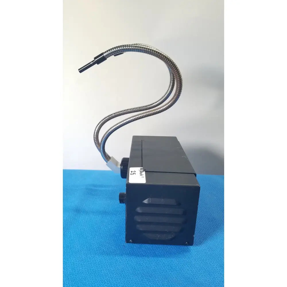 Black rectangular fisher scientific dual laser diode unit with flexible metallic silver coiled hose for illumination