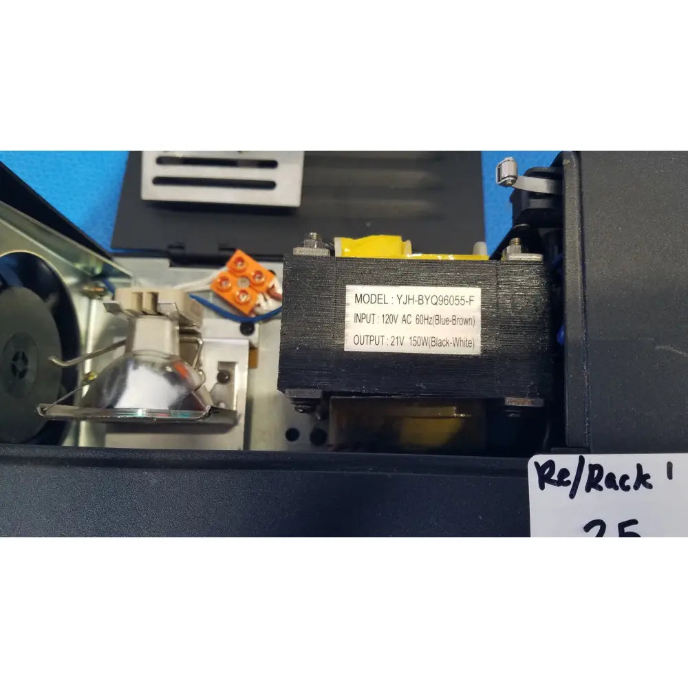 Black rectangular power transformer with yellow terminal caps and model number yuh-byq96055-f for fisher scientific dual fiber-optic illuminator
