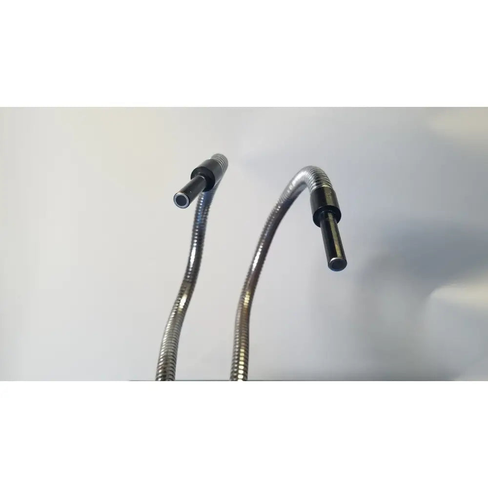 Two flexible metallic gooseneck lamp arms with black capped ends on fisher scientific dual fiber-optic illuminator
