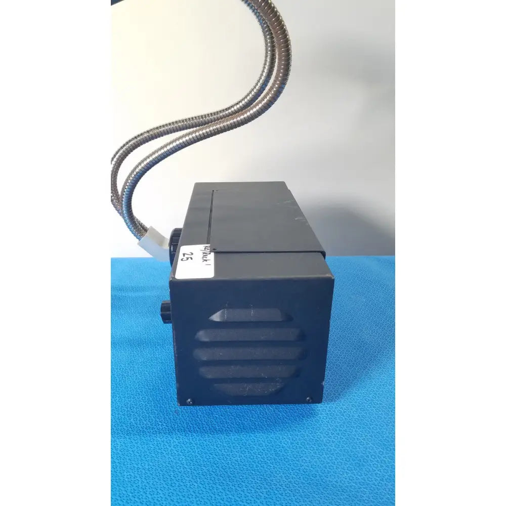 Black rectangular fisher scientific dual fiber-optic illuminator with flexible metallic goose-neck hose for precise lighting