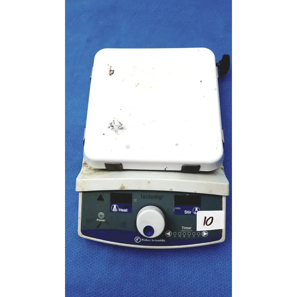 White fisher scientific isotemp digital hotplate with rotary dial and digital control panel for laboratory use