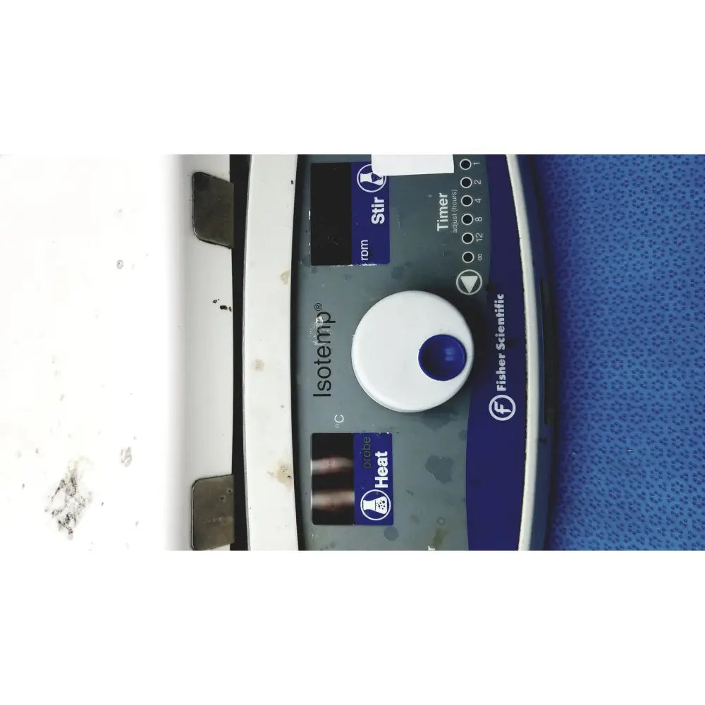 Fisher scientific isotemp digital hotplate stirrer control panel with white and blue accents and central temperature dial