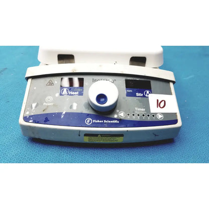 Fisher scientific isotemp digital hotplate stirrer with white and gray body, blue control panel, and central dial