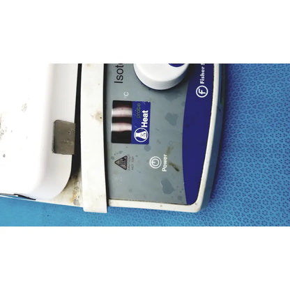 Fisher Scientific isotemp digital hotplate stirrer with white and gray control panel featuring blue heat and power labels