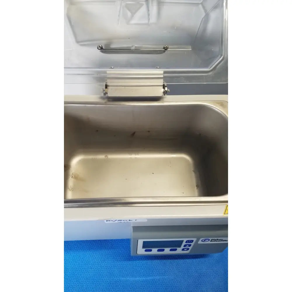 Silver stainless steel fisher scientific isotemp gpd vacuum sealer with transparent lid and digital control panel for laboratory use
