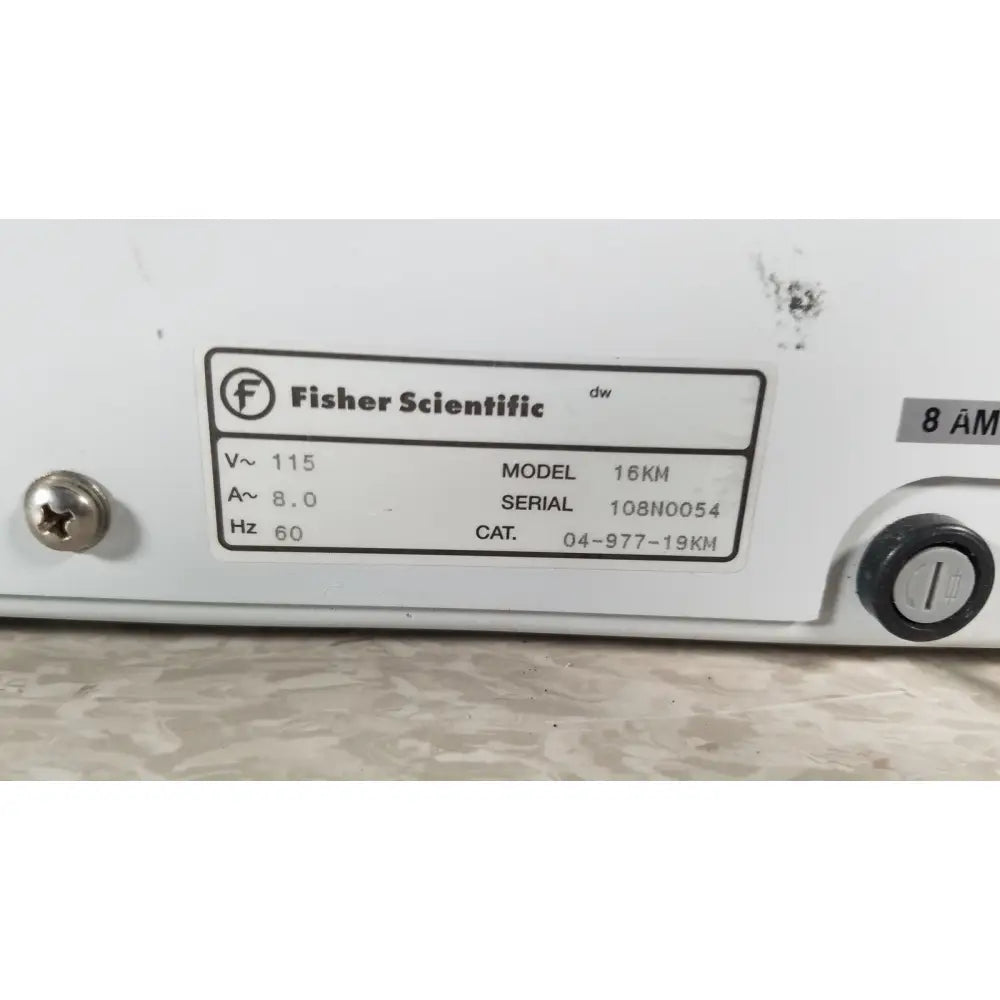 White fisher scientific marathon 16km benchtop laboratory equipment with black label showing model and specifications