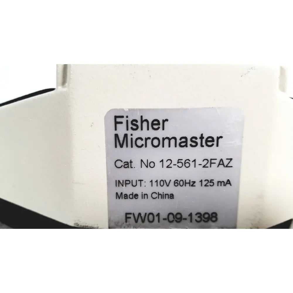 Fisher scientific micromaster model microscope with white plastic casing and label showing catalog number 12-561-3faz details