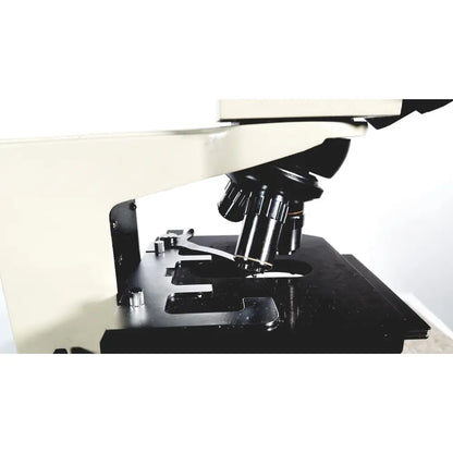 Black metal microscope stage with black objective lens assembly on fisher scientific micromaster scientific micromaster cat 12-561-3faz