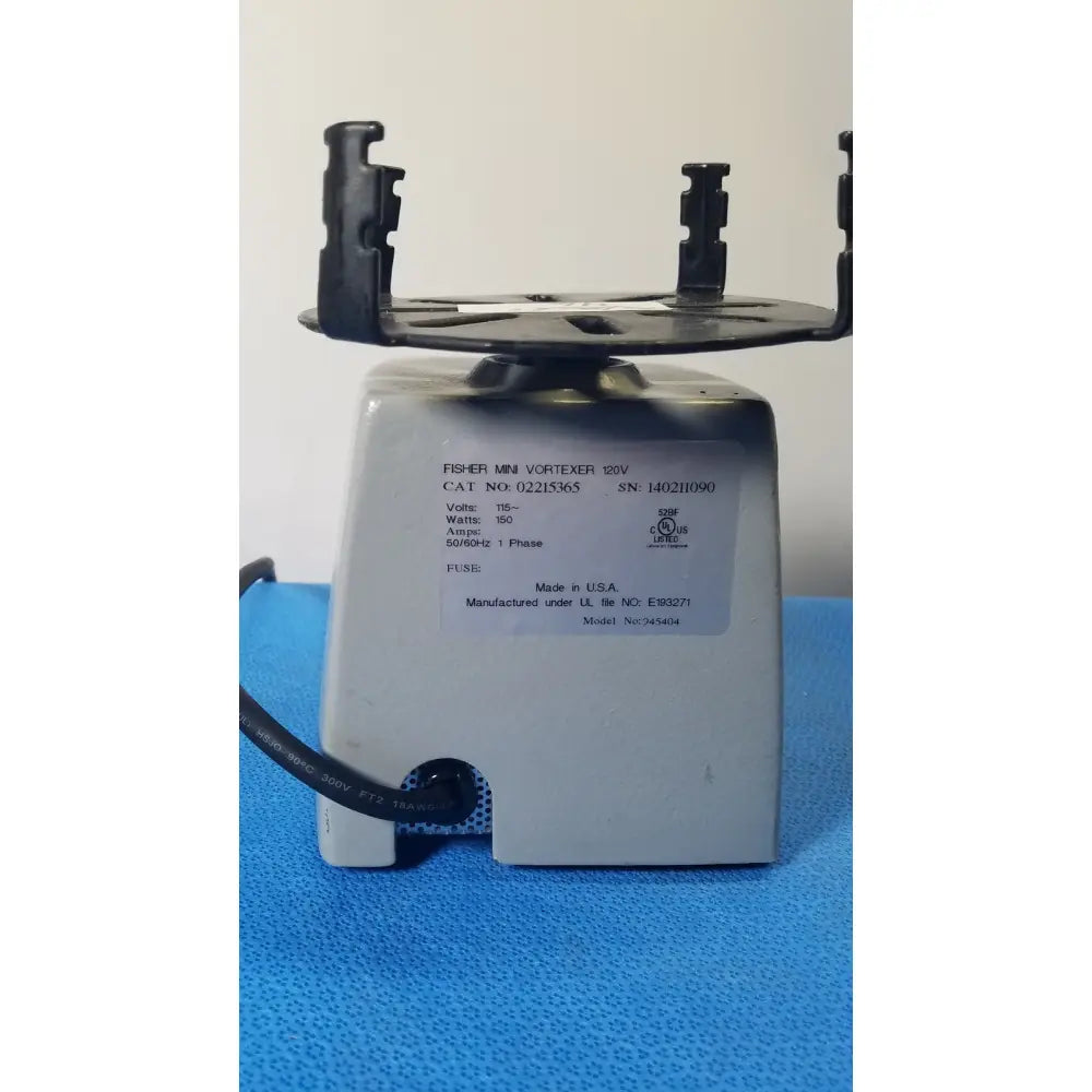 Silver metallic fisher scientific mini vortex mixer 945404 with black plastic mounting arms and power cord for lab use