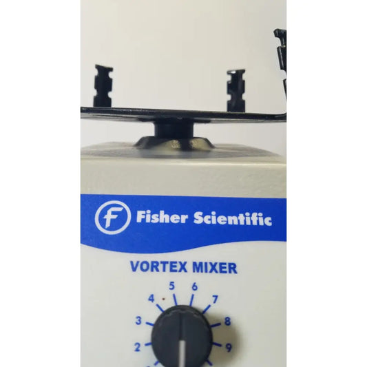 Fisher Scientific mini vortex mixer with white and blue body, black control knob, and rotor arms for lab mixing