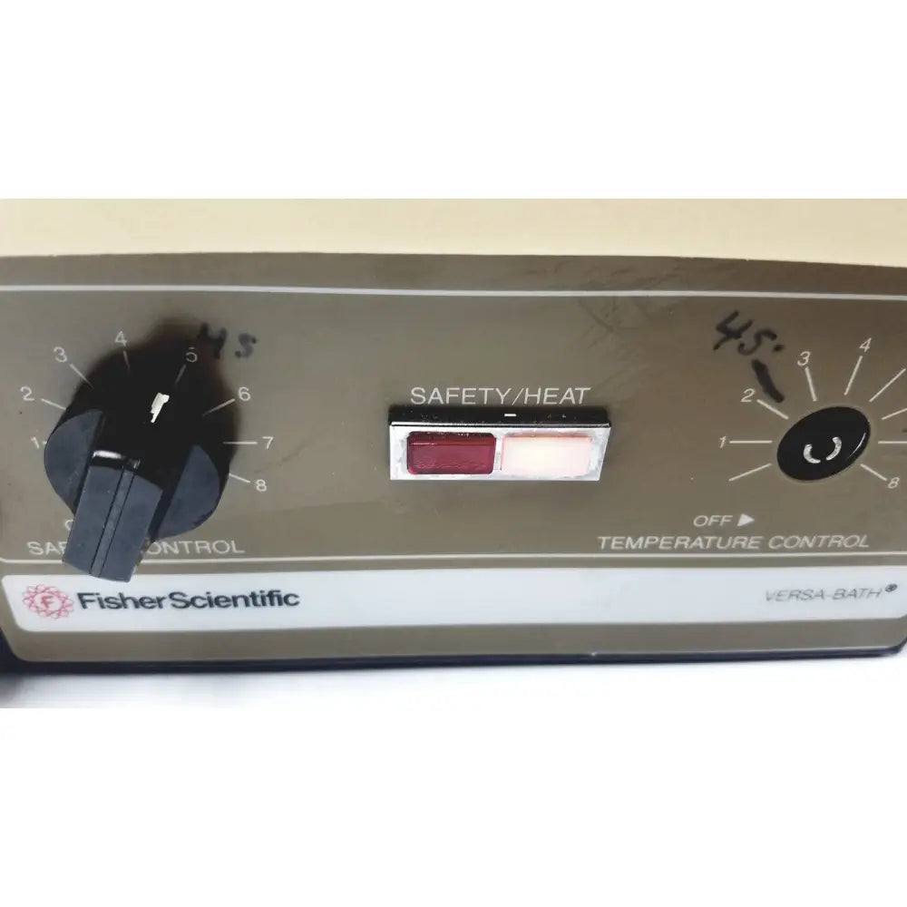 Fisher Scientific versa-bath heated water bath control panel with black rotary dials and red safety heat switch