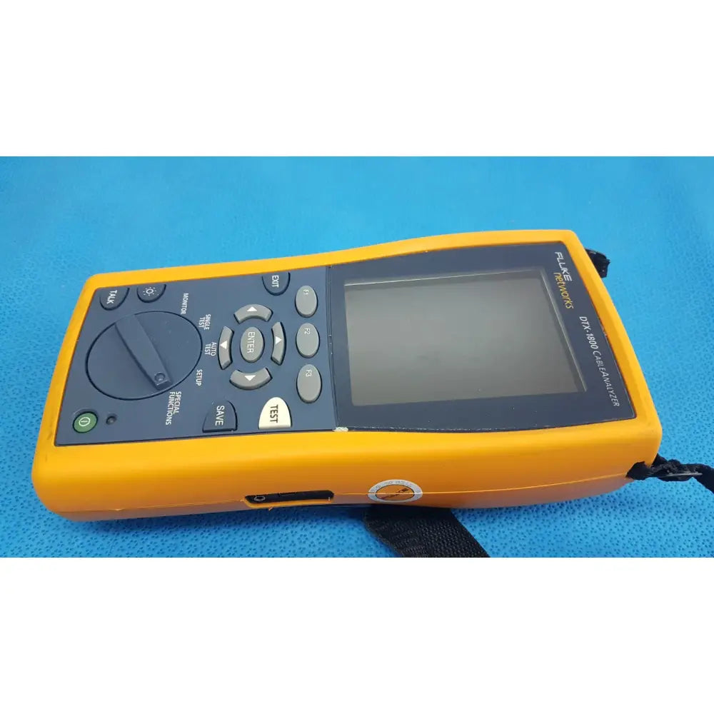 Yellow Fluke DTX-1800 cable analyzer network cable certifier with black screen and gray buttons for network cable testing