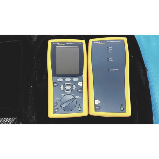 Fluke dtx-1800 yellow network cable certifier with gray screen and control panel for cable analyzer testing