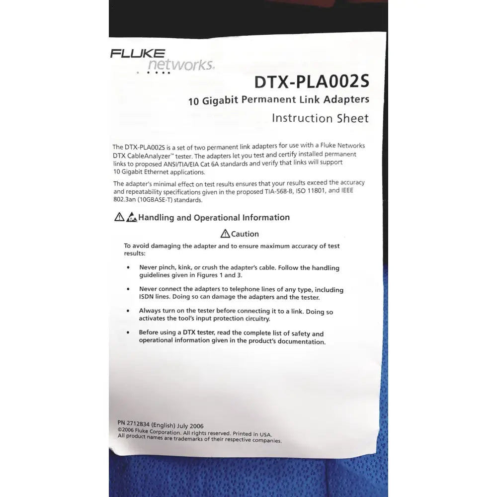 Fluke dtx-1800 cable analyzer instruction sheet for dtx-pla002s 10 gigabit permanent link adapters network cable certifier