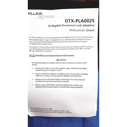 Fluke dtx-1800 cable analyzer instruction sheet for dtx-pla002s 10 gigabit permanent link adapters network cable certifier