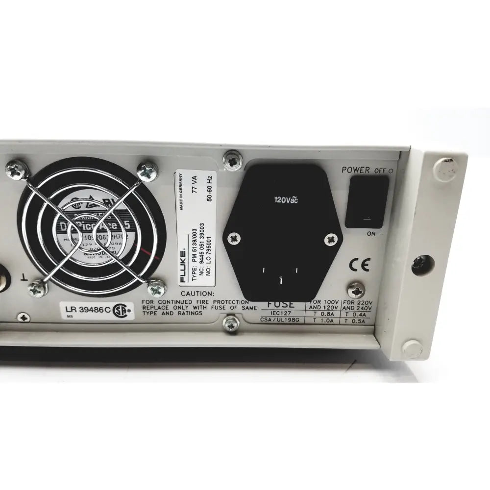 Black hexagonal power input plate with white labeling and silver fan on the back of fluke pm5139 function generator