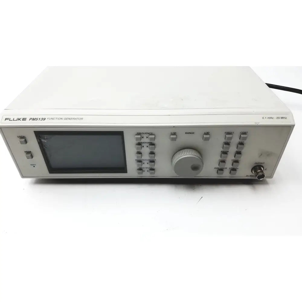 Fluke pm5139 function generator with gray metallic casing black screen and silver knobs for signal generation 0.1mhz to 20mhz