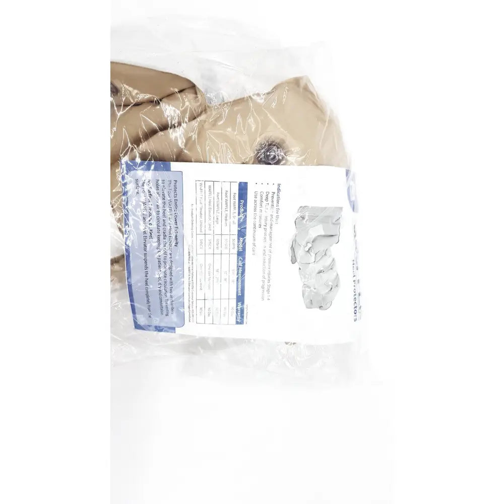 Beige trench coat with classic collar and button closure in clear plastic bag as part of foot waffle 504fw ref heel protectors