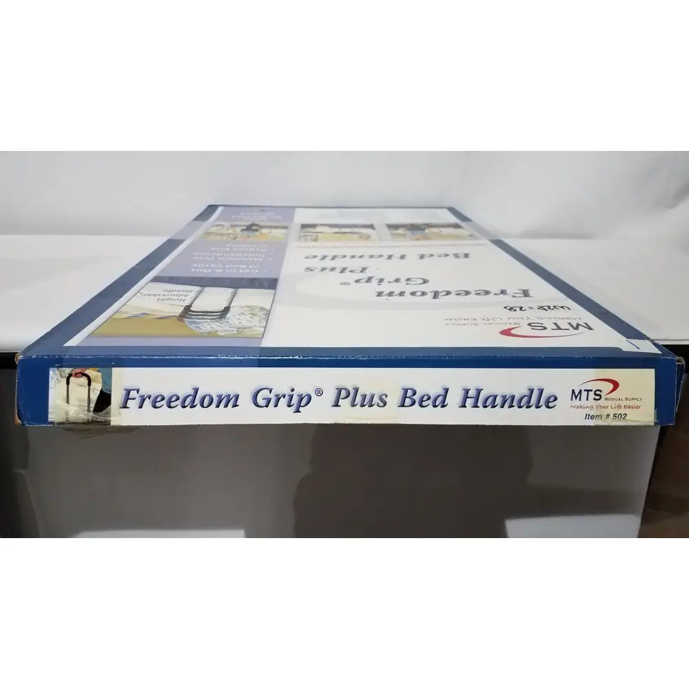 Blue and white cardboard box packaging for freedom grip plus bed handle patient support aid by mts