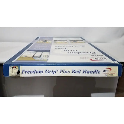 Blue and white cardboard box packaging for freedom grip plus bed handle patient support aid by mts