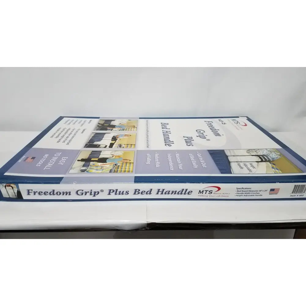 Blue and white packaged freedom grip plus bed handle with textured grip design for patient support and safety