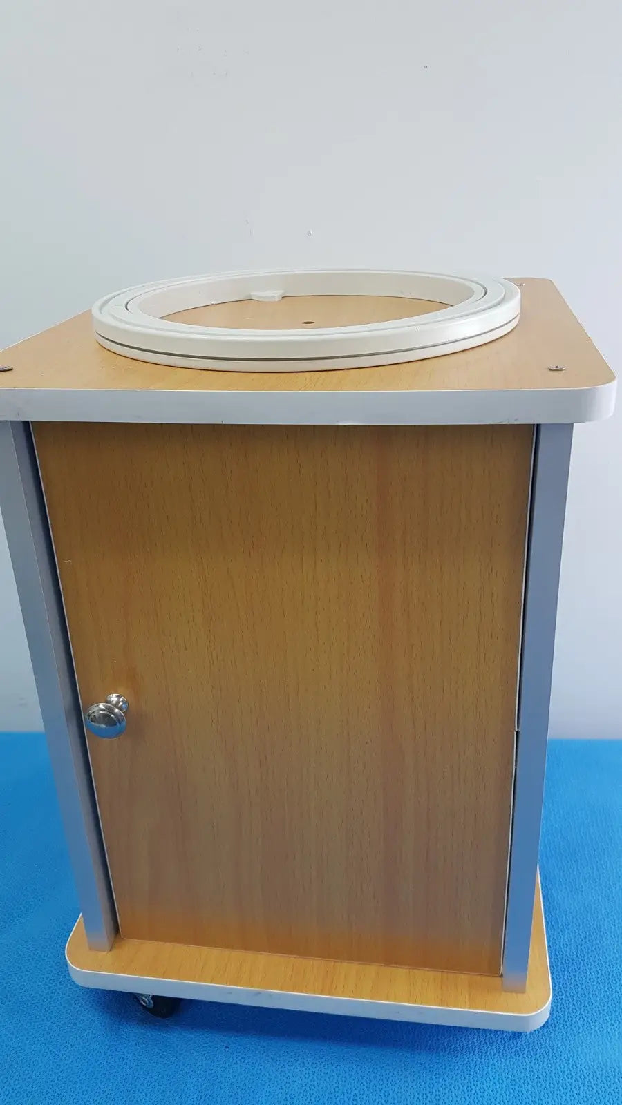 Reuse Medical Freestanding Sunglasses Display Base Cabinet — Wooden Storage Cabinet with Wheel Display Cases, as-is (for parts) product photo 1