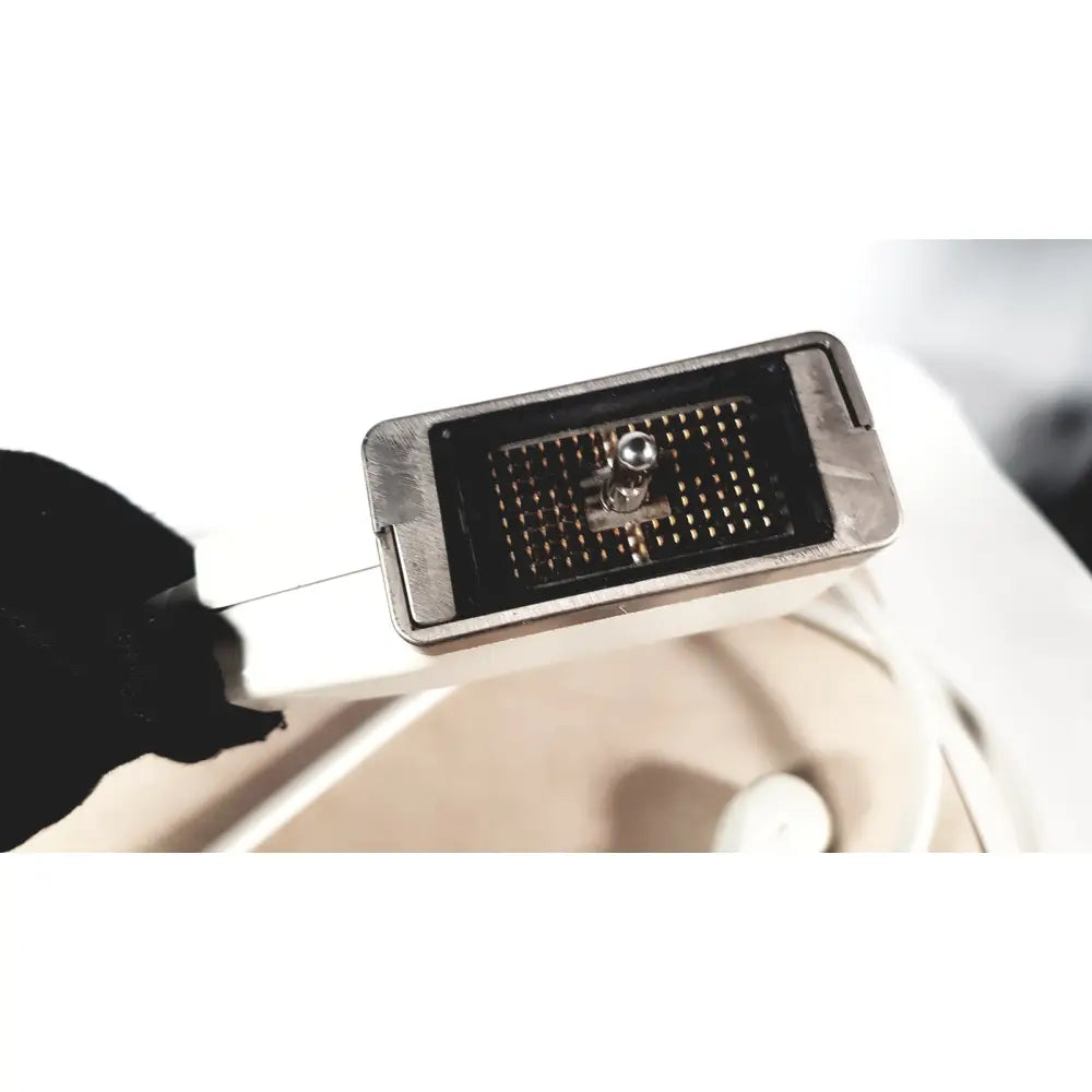 Silver metallic usb-c connector with gold-plated pins on fukuda denshi ultrasound probe trans vaginal transducer back side