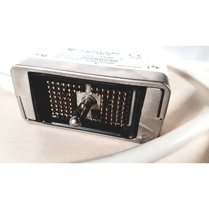 Silver-colored metal relay with gold-plated contacts and central toggle switch labeled furukawa for fukuda denshi ultrasound probe trans vaginal use