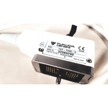 White and silver Fukuda Denshi ultrasound probe trans vaginal with black connector labeled FUT-TV35-5 for medical use