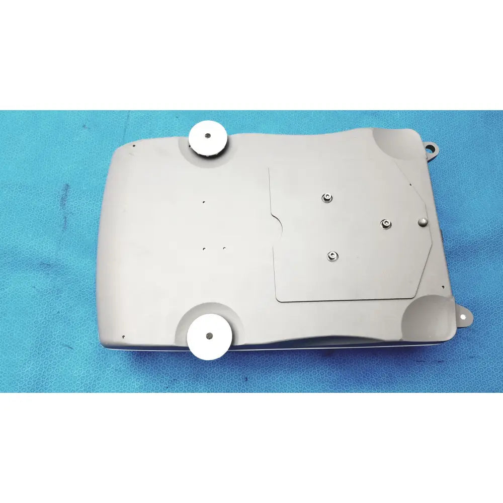Silver metallic back of fulcrum torbal drx300 scale balance with rounded corners and white mounting pads