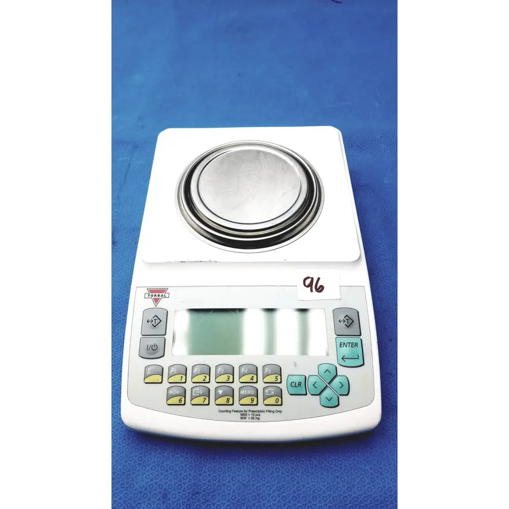 White fulcrum torbal drx300 scale balance with circular metal platform and yellow teal buttons max 300g sensitive 0.02g class ii