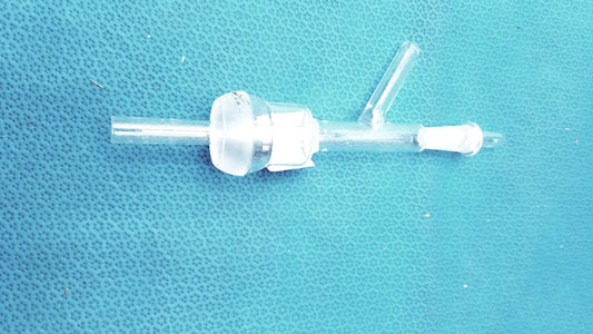 Clear plastic gas inlet adapter with white connector and valve assembly featuring dual hose connections 24/40 inner joint