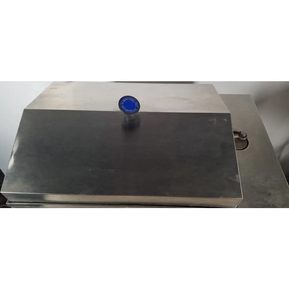 Stainless steel industrial-grade food-safe container with blue label on lid for gca precision scientific dubnoff metabolic incubator