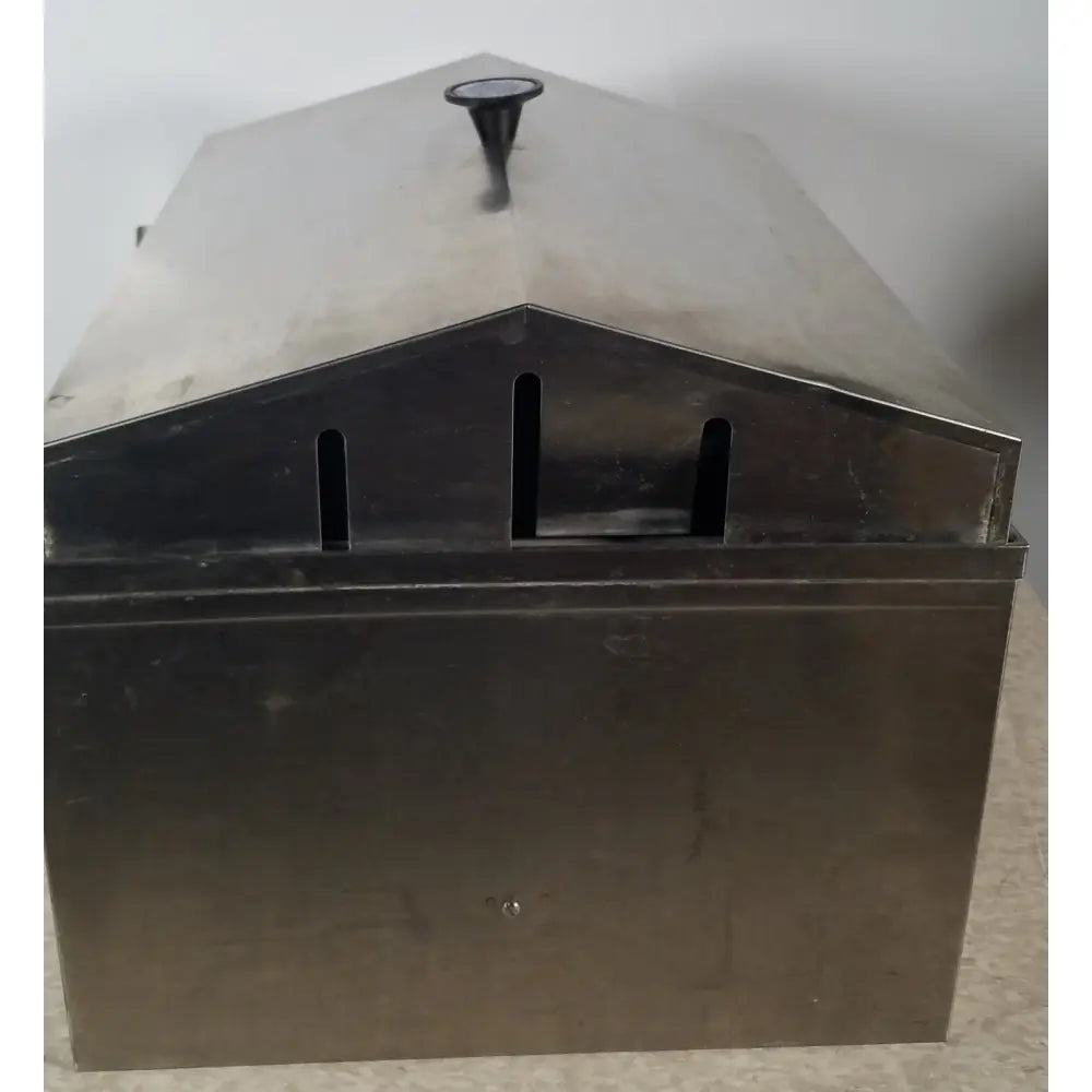 Stainless steel trash receptacle with gabled roof, three vertical slots, and black conical lid for precision scientific dubnoff metabolic use