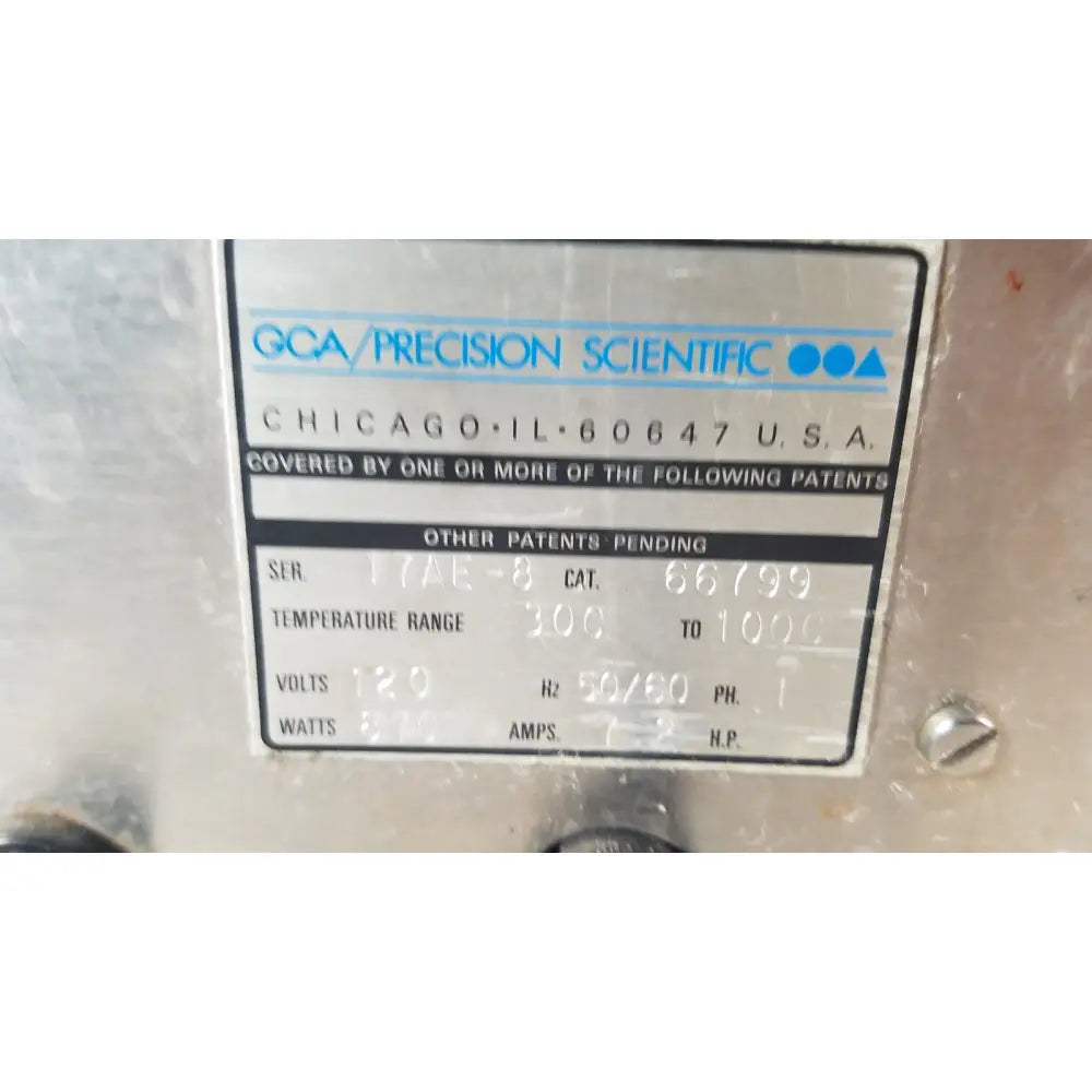 Silver metallic label with blue and black text showing gca precision scientific on dubnoff metabolic shaking incubator