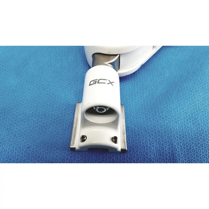 White gcx brand marine winch with sleek cylindrical body and metallic mounting bracket in gcx vhm variable height arm