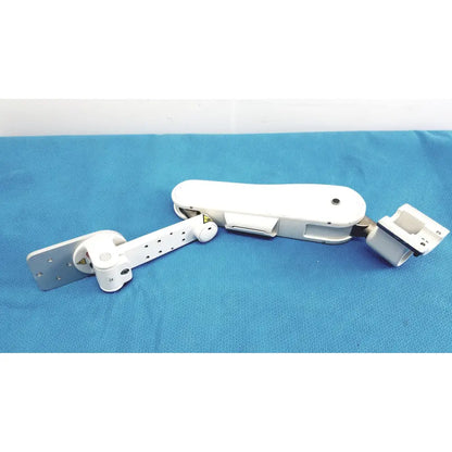 White plastic gcx vhm variable height arm surgical support with adjustable joints and metal plate attachment