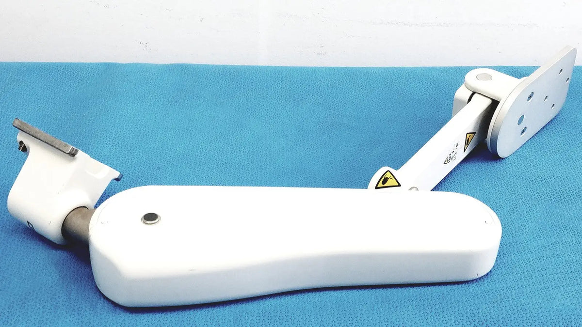 White plastic armrest with metallic hinge and mounting bracket for GCX VHM variable height arm product