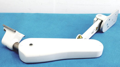 White plastic armrest with metallic hinge and mounting bracket for GCX VHM variable height arm product