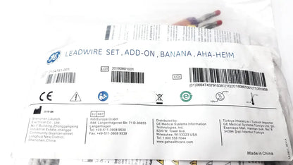 Ge 2104751-001 lead wire set add on banana aha heim with white plastic packaging and printed labeling for medical use