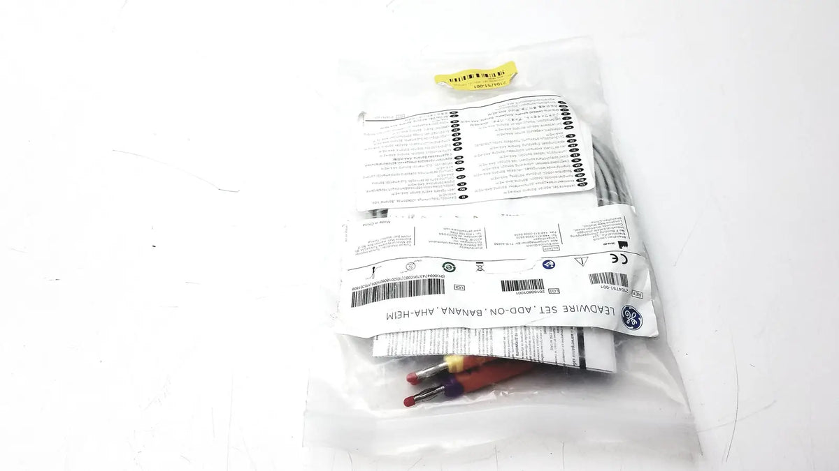 Ge 2104751-001 lead wire set add on banana aha heim in clear plastic bag with printed labels and yellow seal