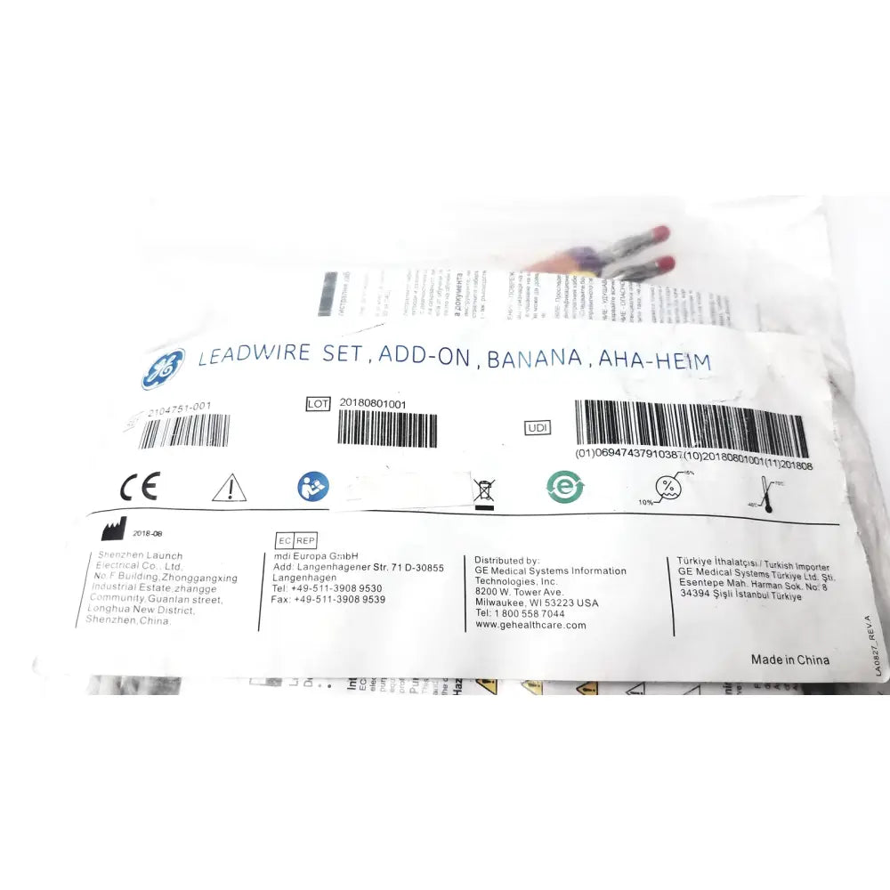Ge 2104751-001 lead wire set add on banana aha heim with white plastic packaging and printed labeling for medical use