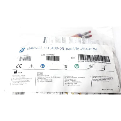 Ge 2104751-001 lead wire set add on banana aha heim with white plastic packaging and printed labeling for medical use