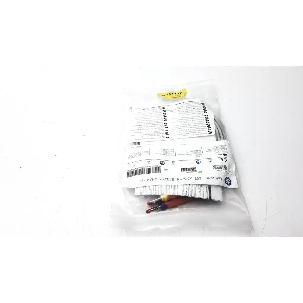Ge 2104751-001 lead wire set add on banana aha heim in clear plastic bag with printed labels and yellow seal