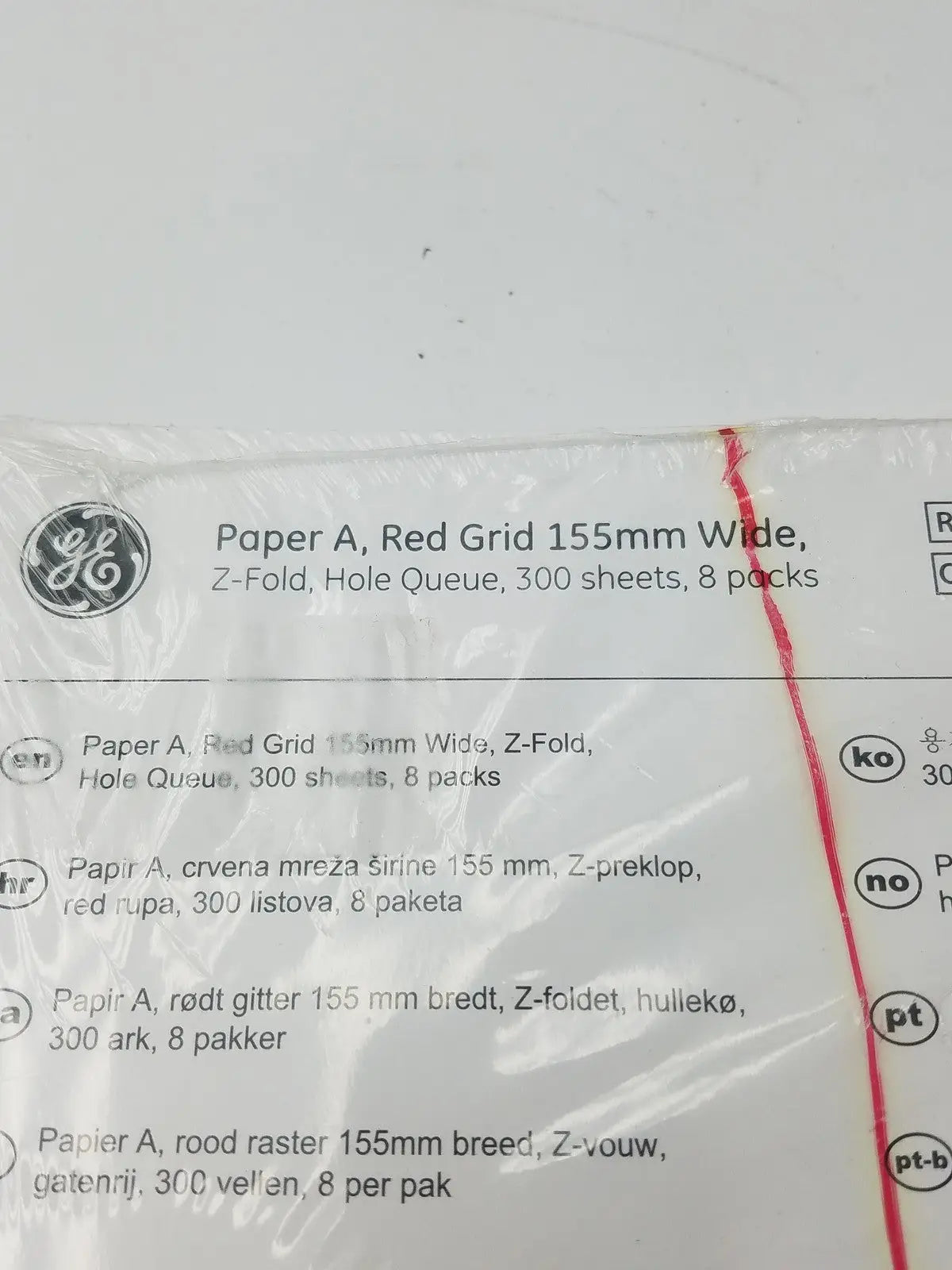GE 2104770-001 Paper A Red Grid 155mm Wide Z-Fold Hole Queue Thermal Chart Paper, new product photo 4