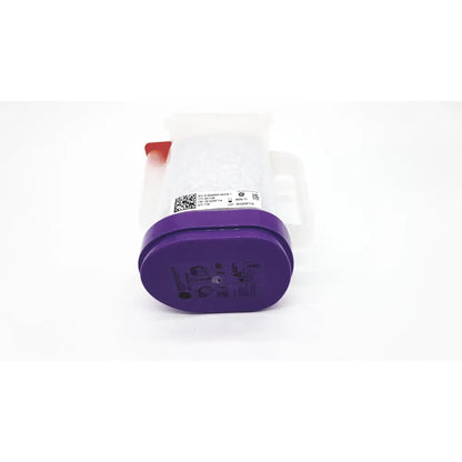 Purple plastic cap with embossed markings and white label featuring qr code on ge amsorb plus calcium hydroxide exp 2026-11