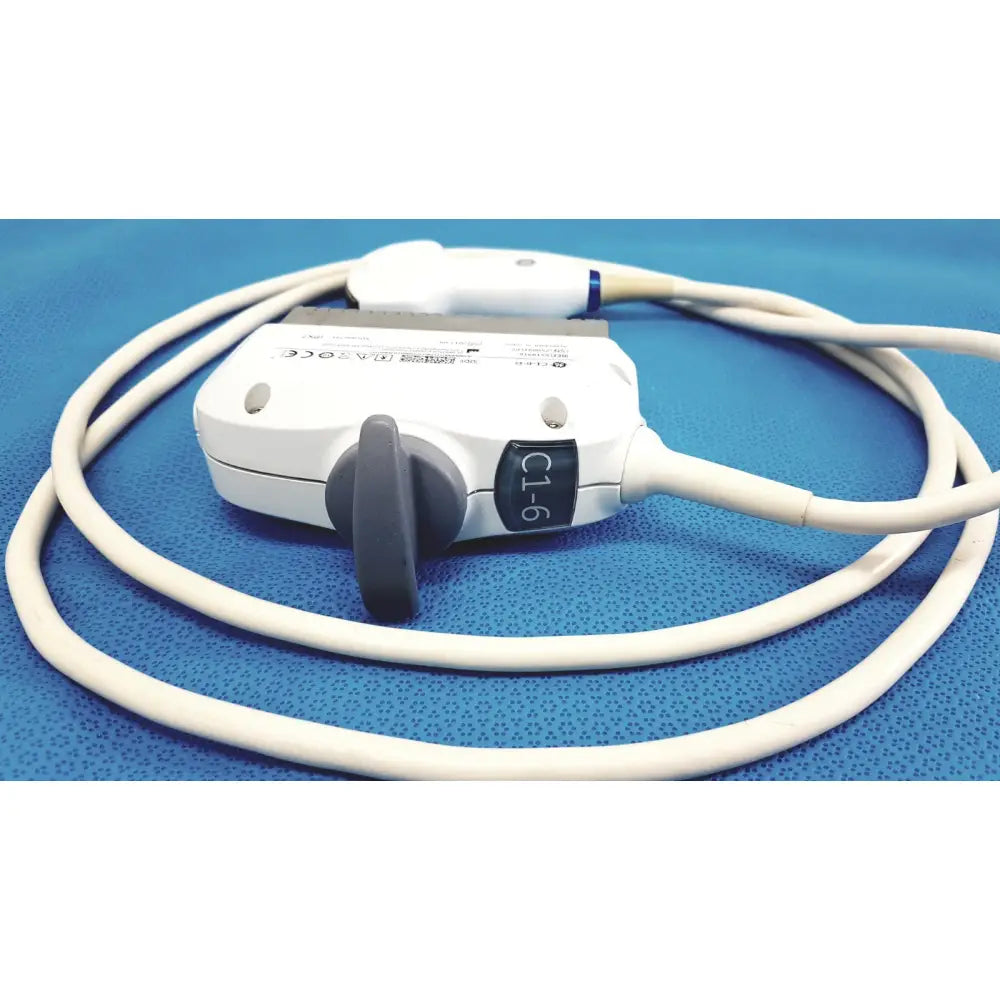 White ge c1-6-d convex ultrasound probe transducer with gray knob and coiled cables for logiq e9 e10 systems