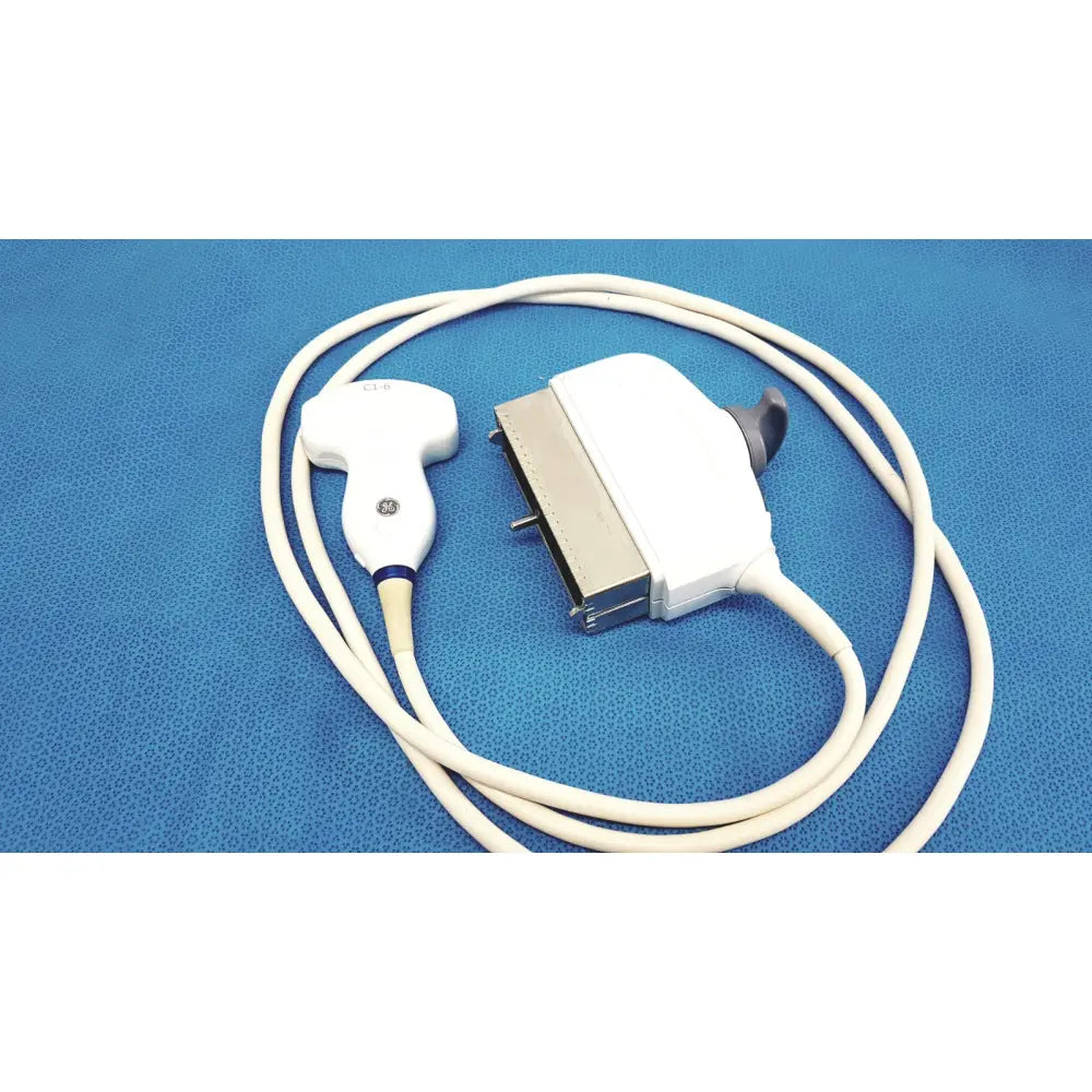 White GE c1-6-d convex ultrasound probe transducer with beige cable and metallic connector for Logiq E9/E10 systems