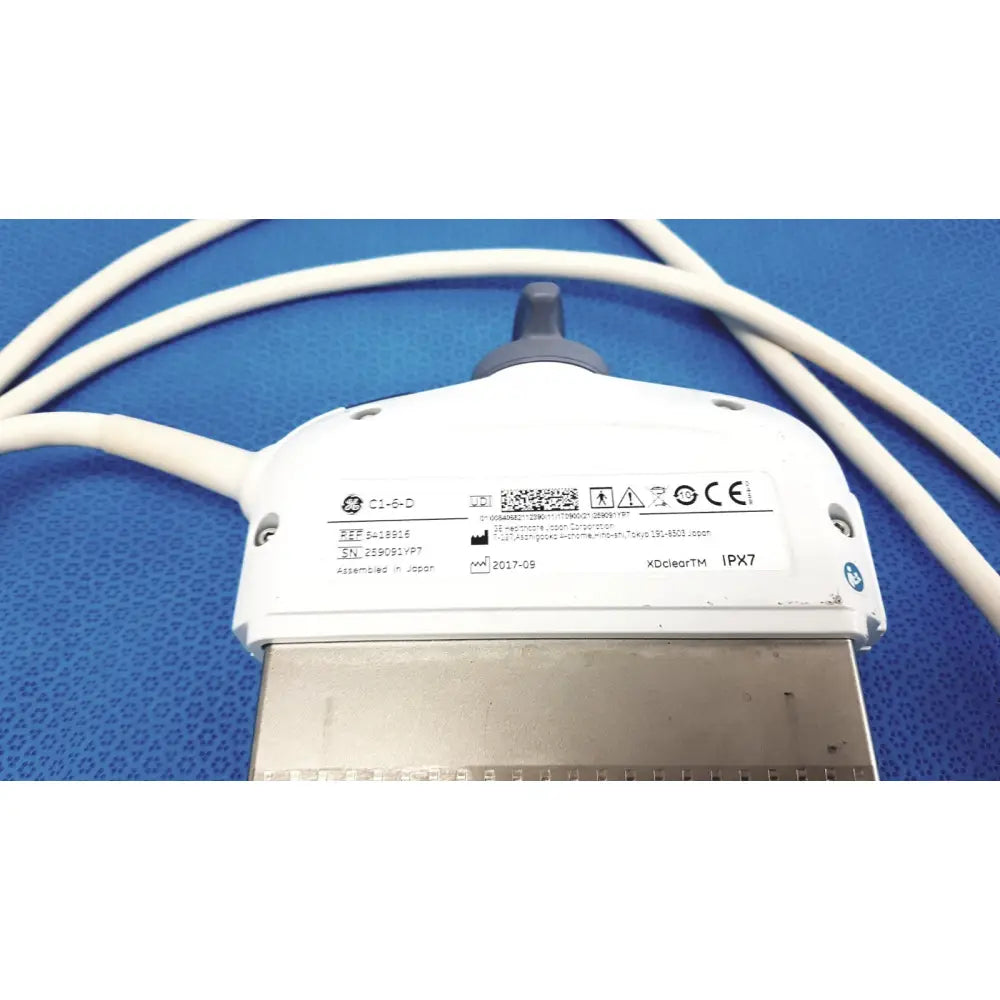 White plastic and metal c1-6-d convex ultrasound probe transducer with gray connector for GE Logiq E9 E10 systems
