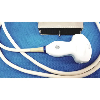 C1-6-d convex ultrasound probe with white transducer, beige handle, and blue accent ring for logiq e9 e10 systems